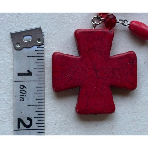Superstar Accessories Fashion Jewelry Red Beaded Necklace w/Cross (NEW) - Picture 7 of 10